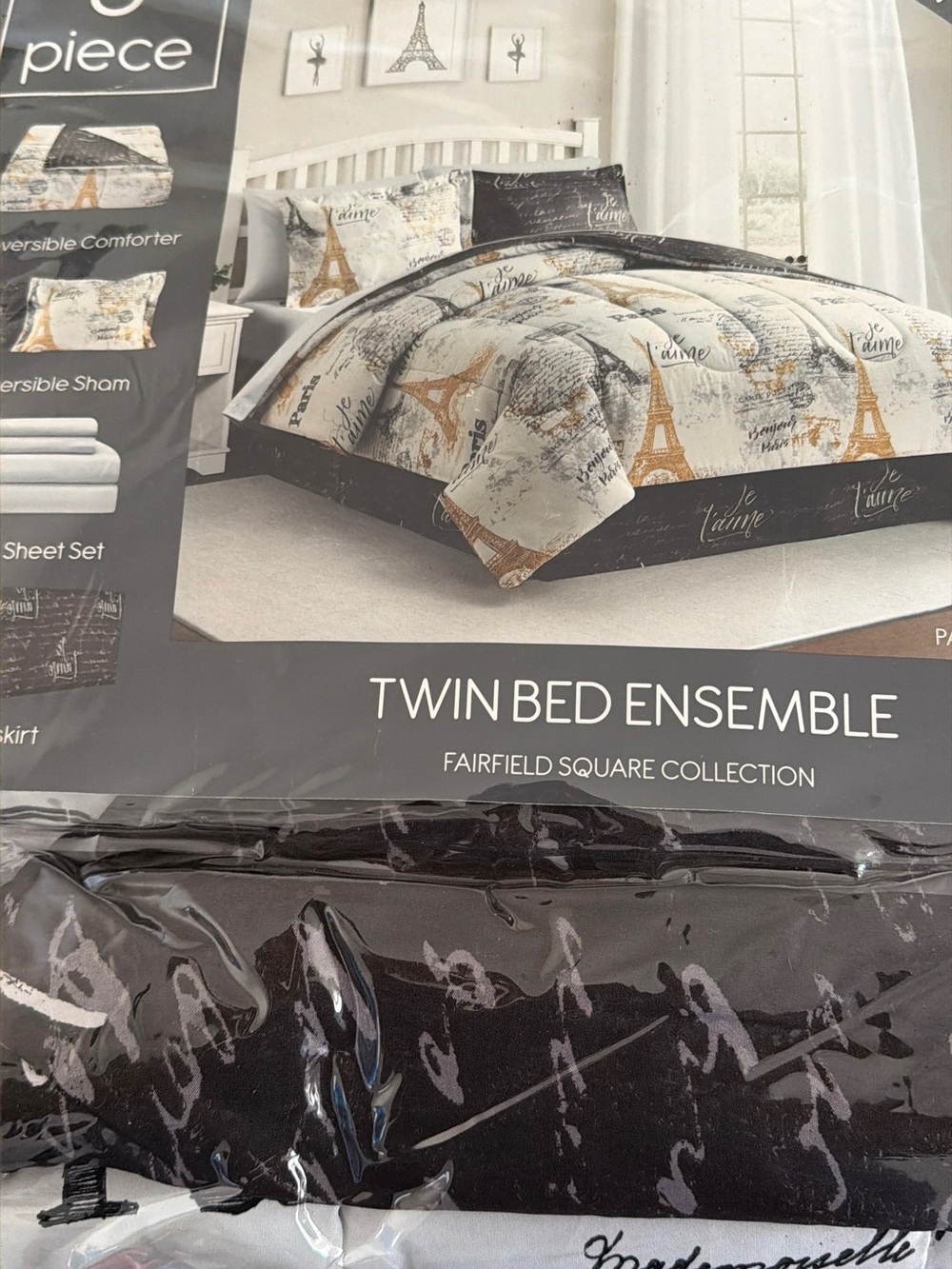 Macy's Eiffel Tower Print Twin Comforter Set - Black, White, Gold